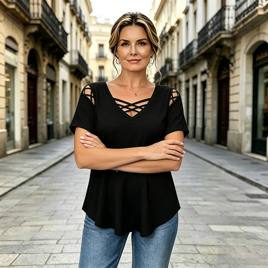 👚 Tricou de vară cu guler în V, 100% bumbac