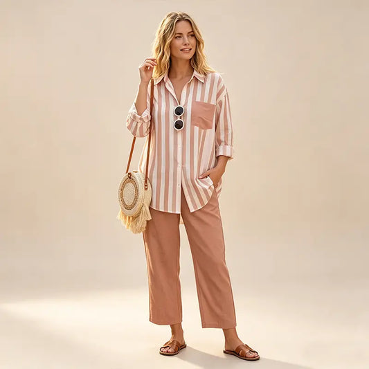 🌸 Set casual elegant cu cămașă în dungi și design modern