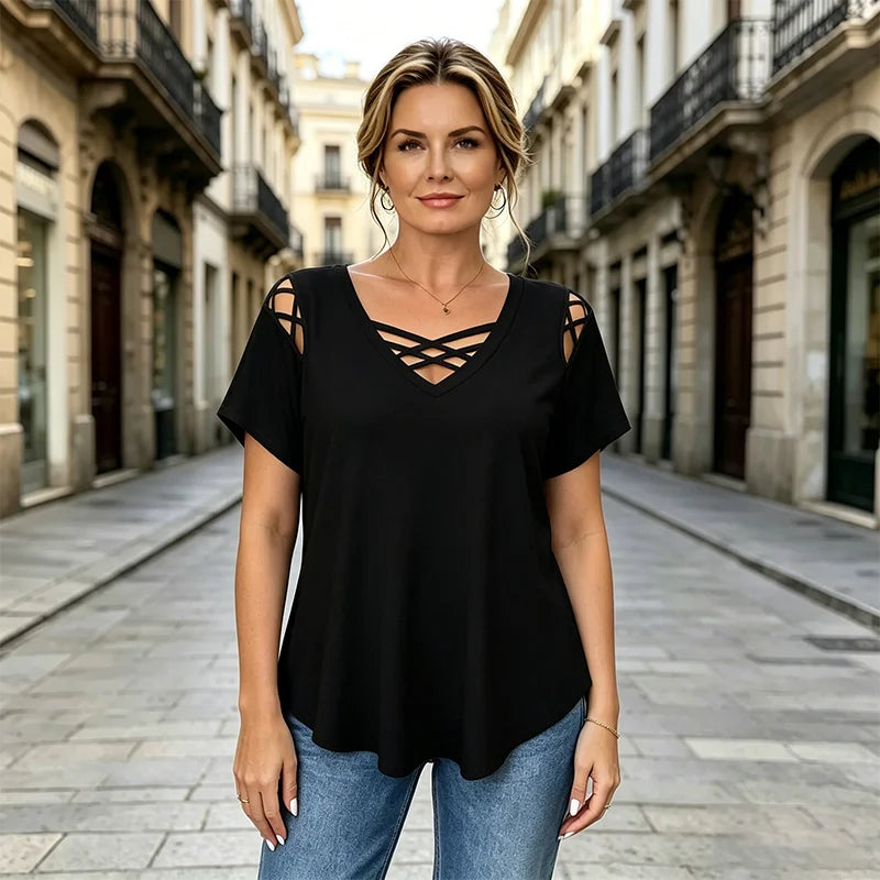 👚 Tricou de vară cu guler în V, 100% bumbac